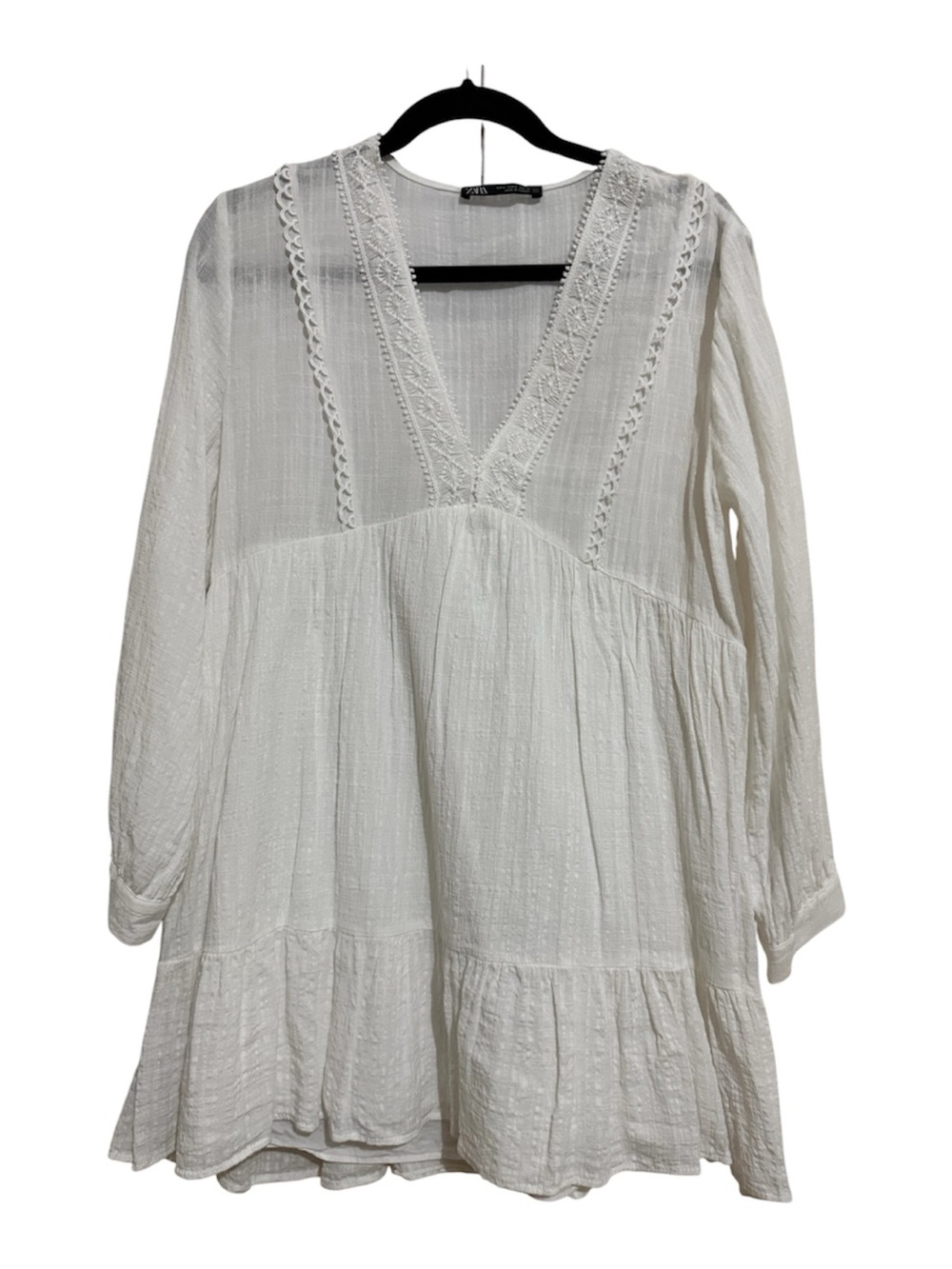 Zara White Midi V‑Neck Lace Trim Dress